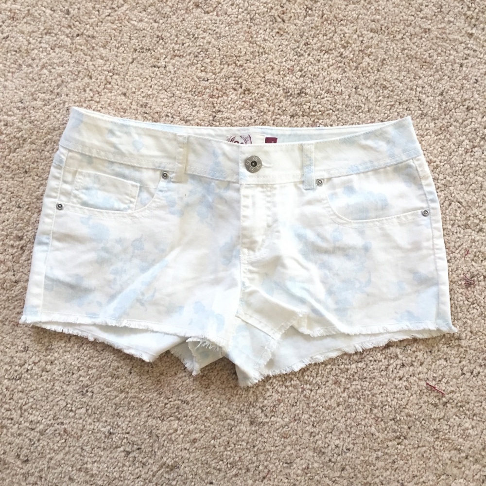 Frayed White & Blue Floral Jean Denim Shorts